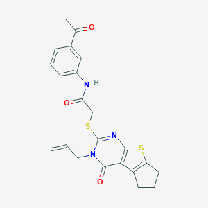 molecular formula C22H21N3O3S2 B492643 N-(3-acetylphenyl)-2-[(3-allyl-4-oxo-3,5,6,7-tetrahydro-4H-cyclopenta[4,5]thieno[2,3-d]pyrimidin-2-yl)sulfanyl]acetamide 