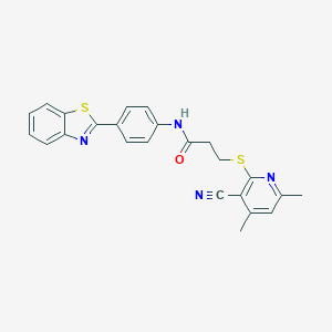 molecular formula C24H20N4OS2 B492651 N-(4-(benzo[d]thiazol-2-yl)phenyl)-3-((3-cyano-4,6-dimethylpyridin-2-yl)thio)propanamide CAS No. 667913-11-3