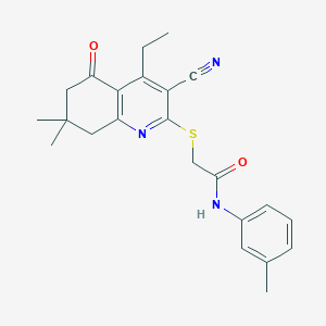 molecular formula C23H25N3O2S B492653 2-[(3-cyano-4-ethyl-7,7-dimethyl-5-oxo-6,8-dihydroquinolin-2-yl)sulfanyl]-N-(3-methylphenyl)acetamide CAS No. 667913-16-8
