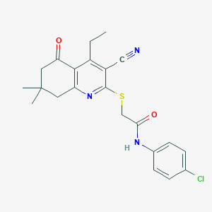 molecular formula C22H22ClN3O2S B492657 N-(4-chlorophenyl)-2-[(3-cyano-4-ethyl-7,7-dimethyl-5-oxo-6,8-dihydroquinolin-2-yl)sulfanyl]acetamide CAS No. 667913-14-6