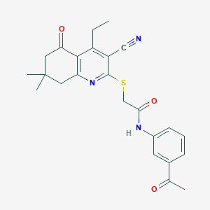 molecular formula C24H25N3O3S B492658 N-(3-acetylphenyl)-2-[(3-cyano-4-ethyl-7,7-dimethyl-5-oxo-6,8-dihydroquinolin-2-yl)sulfanyl]acetamide CAS No. 667913-15-7
