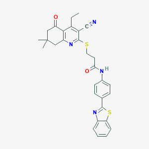 molecular formula C30H28N4O2S2 B492659 N-(4-(benzo[d]thiazol-2-yl)phenyl)-3-((3-cyano-4-ethyl-7,7-dimethyl-5-oxo-5,6,7,8-tetrahydroquinolin-2-yl)thio)propanamide CAS No. 670272-96-5