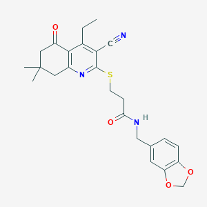 molecular formula C25H27N3O4S B492662 N-(1,3-benzodioxol-5-ylmethyl)-3-[(3-cyano-4-ethyl-7,7-dimethyl-5-oxo-6,8-dihydroquinolin-2-yl)sulfanyl]propanamide CAS No. 670272-98-7