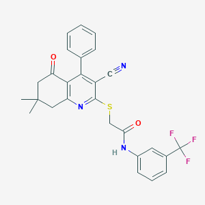molecular formula C27H22F3N3O2S B492674 2-[(3-cyano-7,7-dimethyl-5-oxo-4-phenyl-6,8-dihydroquinolin-2-yl)sulfanyl]-N-[3-(trifluoromethyl)phenyl]acetamide CAS No. 670272-82-9