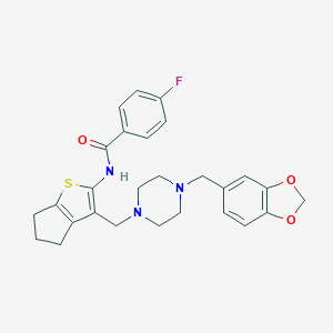 molecular formula C27H28FN3O3S B492738 N-[3-[[4-(1,3-benzodioxol-5-ylmethyl)piperazin-1-yl]methyl]-5,6-dihydro-4H-cyclopenta[b]thiophen-2-yl]-4-fluorobenzamide CAS No. 671201-12-0