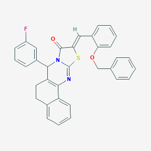 molecular formula C34H25FN2O2S B492957 10-[2-(benzyloxy)benzylidene]-7-(3-fluorophenyl)-5,7-dihydro-6H-benzo[h][1,3]thiazolo[2,3-b]quinazolin-9(10H)-one 