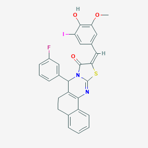 molecular formula C28H20FIN2O3S B492965 7-(3-fluorophenyl)-10-(4-hydroxy-3-iodo-5-methoxybenzylidene)-5,7-dihydro-6H-benzo[h][1,3]thiazolo[2,3-b]quinazolin-9(10H)-one 