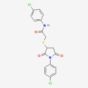 molecular formula C18H14Cl2N2O3S B4930156 N-(4-chlorophenyl)-2-{[1-(4-chlorophenyl)-2,5-dioxopyrrolidin-3-yl]sulfanyl}acetamide 