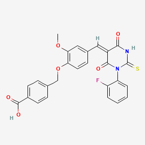 molecular formula C26H19FN2O6S B4931392 4-[[4-[(Z)-[1-(2-fluorophenyl)-4,6-dioxo-2-sulfanylidene-1,3-diazinan-5-ylidene]methyl]-2-methoxyphenoxy]methyl]benzoic acid 