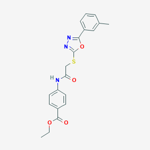 molecular formula C20H19N3O4S B493439 Ethyl 4-[({[5-(3-methylphenyl)-1,3,4-oxadiazol-2-yl]sulfanyl}acetyl)amino]benzoate 
