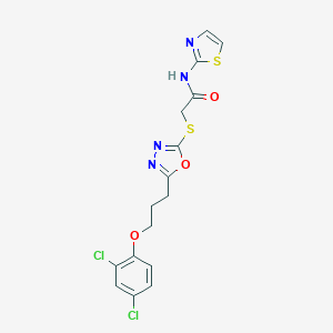 molecular formula C16H14Cl2N4O3S2 B493442 2-({5-[3-(2,4-dichlorophenoxy)propyl]-1,3,4-oxadiazol-2-yl}sulfanyl)-N-(1,3-thiazol-2-yl)acetamide 