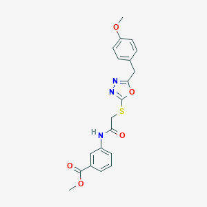 molecular formula C20H19N3O5S B493446 Methyl 3-[({[5-(4-methoxybenzyl)-1,3,4-oxadiazol-2-yl]sulfanyl}acetyl)amino]benzoate 