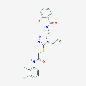 molecular formula C22H21ClFN5O2S B493454 N-{[5-({2-[(3-chloro-2-methylphenyl)amino]-2-oxoethyl}sulfanyl)-4-(prop-2-en-1-yl)-4H-1,2,4-triazol-3-yl]methyl}-2-fluorobenzamide 