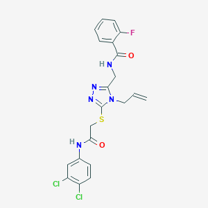 molecular formula C21H18Cl2FN5O2S B493460 N-{[5-({2-[(3,4-dichlorophenyl)amino]-2-oxoethyl}sulfanyl)-4-(prop-2-en-1-yl)-4H-1,2,4-triazol-3-yl]methyl}-2-fluorobenzamide 