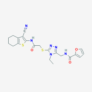 molecular formula C21H22N6O3S2 B493465 N-{[5-({2-[(3-cyano-4,5,6,7-tetrahydro-1-benzothiophen-2-yl)amino]-2-oxoethyl}sulfanyl)-4-ethyl-4H-1,2,4-triazol-3-yl]methyl}furan-2-carboxamide 