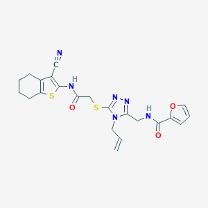 molecular formula C22H22N6O3S2 B493468 N-{[5-({2-[(3-cyano-4,5,6,7-tetrahydro-1-benzothiophen-2-yl)amino]-2-oxoethyl}sulfanyl)-4-(prop-2-en-1-yl)-4H-1,2,4-triazol-3-yl]methyl}furan-2-carboxamide 