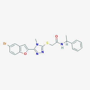 molecular formula C21H19BrN4O2S B493511 2-{[5-(5-bromo-1-benzofuran-2-yl)-4-methyl-4H-1,2,4-triazol-3-yl]sulfanyl}-N-(1-phenylethyl)acetamide 