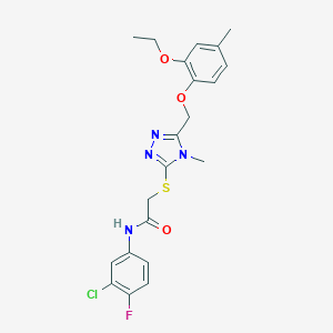 molecular formula C21H22ClFN4O3S B493514 N-(3-chloro-4-fluorophenyl)-2-({5-[(2-ethoxy-4-methylphenoxy)methyl]-4-methyl-4H-1,2,4-triazol-3-yl}sulfanyl)acetamide 