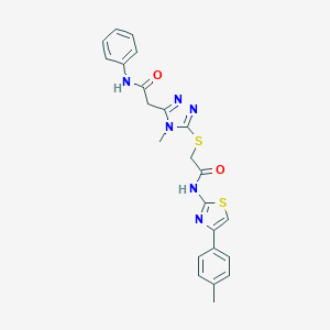 molecular formula C23H22N6O2S2 B493524 2-{4-methyl-5-[(2-{[4-(4-methylphenyl)-1,3-thiazol-2-yl]amino}-2-oxoethyl)sulfanyl]-4H-1,2,4-triazol-3-yl}-N-phenylacetamide 