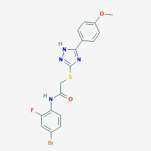 molecular formula C17H14BrFN4O2S B493531 N-(4-bromo-2-fluorophenyl)-2-{[5-(4-methoxyphenyl)-4H-1,2,4-triazol-3-yl]sulfanyl}acetamide 