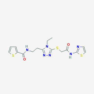 molecular formula C16H18N6O2S3 B493533 N-[2-(4-ethyl-5-{[2-oxo-2-(1,3-thiazol-2-ylamino)ethyl]sulfanyl}-4H-1,2,4-triazol-3-yl)ethyl]-2-thiophenecarboxamide 