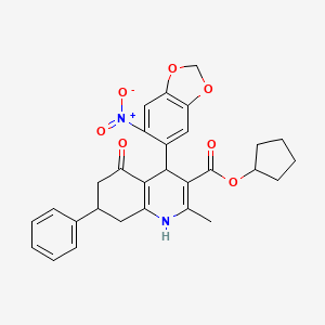 molecular formula C29H28N2O7 B4938779 Cyclopentyl 2-methyl-4-(6-nitro-1,3-benzodioxol-5-yl)-5-oxo-7-phenyl-1,4,5,6,7,8-hexahydroquinoline-3-carboxylate 