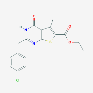 molecular formula C17H15ClN2O3S B493956 ethyl 2-(4-chlorobenzyl)-5-methyl-4-oxo-3,4-dihydrothieno[2,3-d]pyrimidine-6-carboxylate CAS No. 724745-51-1