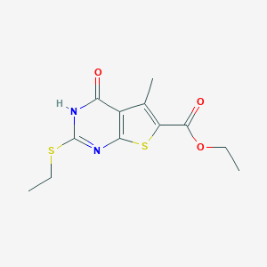 molecular formula C12H14N2O3S2 B493960 Ethyl 2-(ethylsulfanyl)-5-methyl-4-oxo-3,4-dihydrothieno[2,3-d]pyrimidine-6-carboxylate 