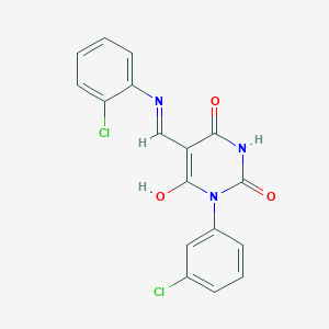 molecular formula C17H11Cl2N3O3 B4940932 (5E)-1-(3-CHLOROPHENYL)-5-{[(2-CHLOROPHENYL)AMINO]METHYLIDENE}-1,3-DIAZINANE-2,4,6-TRIONE 