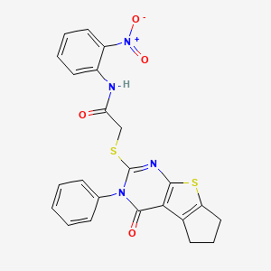molecular formula C23H18N4O4S2 B4941511 N-(2-nitrophenyl)-2-[(4-oxo-3-phenyl-3,5,6,7-tetrahydro-4H-cyclopenta[4,5]thieno[2,3-d]pyrimidin-2-yl)sulfanyl]acetamide CAS No. 5748-14-1
