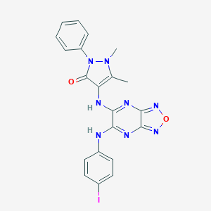 molecular formula C21H17IN8O2 B494332 4-({6-[(4-IODOPHENYL)AMINO]-[1,2,5]OXADIAZOLO[3,4-B]PYRAZIN-5-YL}AMINO)-1,5-DIMETHYL-2-PHENYL-2,3-DIHYDRO-1H-PYRAZOL-3-ONE 