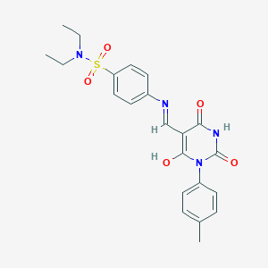 molecular formula C22H24N4O5S B494366 N,N-diethyl-4-{[(1-(4-methylphenyl)-2,4,6-trioxotetrahydro-5(2H)-pyrimidinylidene)methyl]amino}benzenesulfonamide 