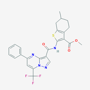 molecular formula C25H21F3N4O3S B494389 Methyl 6-methyl-2-({[5-phenyl-7-(trifluoromethyl)pyrazolo[1,5-a]pyrimidin-3-yl]carbonyl}amino)-4,5,6,7-tetrahydro-1-benzothiophene-3-carboxylate 