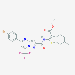 molecular formula C26H22BrF3N4O3S B494394 Ethyl 2-({[5-(4-bromophenyl)-7-(trifluoromethyl)pyrazolo[1,5-a]pyrimidin-2-yl]carbonyl}amino)-6-methyl-4,5,6,7-tetrahydro-1-benzothiophene-3-carboxylate 