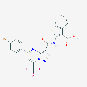 molecular formula C24H18BrF3N4O3S B494397 Methyl 2-({[5-(4-bromophenyl)-7-(trifluoromethyl)pyrazolo[1,5-a]pyrimidin-3-yl]carbonyl}amino)-4,5,6,7-tetrahydro-1-benzothiophene-3-carboxylate 