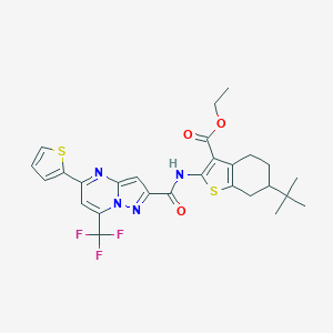 molecular formula C27H27F3N4O3S2 B494405 ETHYL 6-TERT-BUTYL-2-[5-(THIOPHEN-2-YL)-7-(TRIFLUOROMETHYL)PYRAZOLO[1,5-A]PYRIMIDINE-2-AMIDO]-4,5,6,7-TETRAHYDRO-1-BENZOTHIOPHENE-3-CARBOXYLATE 