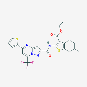 molecular formula C24H21F3N4O3S2 B494407 Ethyl 6-methyl-2-({[5-(2-thienyl)-7-(trifluoromethyl)pyrazolo[1,5-a]pyrimidin-2-yl]carbonyl}amino)-4,5,6,7-tetrahydro-1-benzothiophene-3-carboxylate 