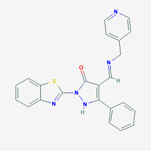 molecular formula C23H17N5OS B494466 2-(1,3-benzothiazol-2-yl)-5-phenyl-4-{[(4-pyridinylmethyl)imino]methyl}-1,2-dihydro-3H-pyrazol-3-one 