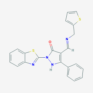molecular formula C22H16N4OS2 B494467 2-(1,3-Benzothiazol-2-yl)-5-phenyl-4-(thiophen-2-ylmethyliminomethyl)-1H-pyrazol-3-one CAS No. 353774-25-1