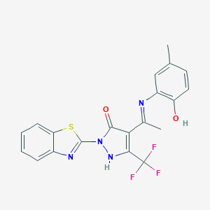 2-(1,3-benzothiazol-2-yl)-4-[(1E)-N-(2-hydroxy-5-methylphenyl)ethanimidoyl]-5-(trifluoromethyl)-1,2-dihydro-3H-pyrazol-3-one