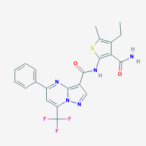 molecular formula C22H18F3N5O2S B494471 N-(3-carbamoyl-4-ethyl-5-methylthiophen-2-yl)-5-phenyl-7-(trifluoromethyl)pyrazolo[1,5-a]pyrimidine-3-carboxamide 