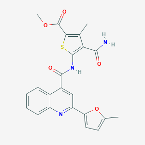 molecular formula C23H19N3O5S B494474 Methyl 4-carbamoyl-3-methyl-5-({[2-(5-methylfuran-2-yl)quinolin-4-yl]carbonyl}amino)thiophene-2-carboxylate 