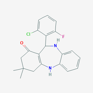molecular formula C21H20ClFN2O B494477 6-(2-chloro-6-fluoro-phenyl)-9,9-dimethyl-6,8,10,11-tetrahydro-5H-benzo[b][1,4]benzodiazepin-7-one 