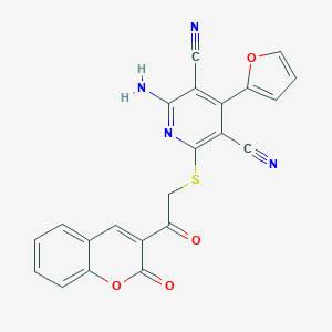 molecular formula C22H12N4O4S B494587 2-amino-4-(furan-2-yl)-6-{[2-oxo-2-(2-oxo-2H-chromen-3-yl)ethyl]sulfanyl}pyridine-3,5-dicarbonitrile CAS No. 319491-34-4