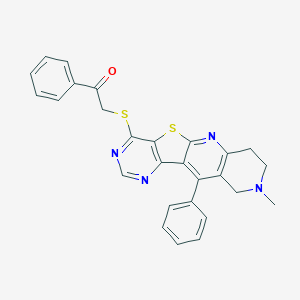 molecular formula C27H22N4OS2 B494881 2-[(6-Methyl-9-phenyl-17-thia-2,6,12,14-tetrazatetracyclo[8.7.0.03,8.011,16]heptadeca-1,3(8),9,11(16),12,14-hexaen-15-yl)sulfanyl]-1-phenylethanone 