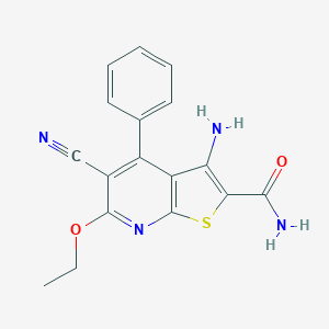 molecular formula C17H14N4O2S B494884 3-Amino-4-phenyl-5-cyano-6-ethoxythieno[2,3-b]pyridine-2-carboxamide 