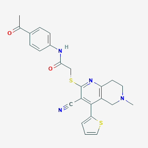 molecular formula C24H22N4O2S2 B494897 N-(4-acetylphenyl)-2-{[3-cyano-6-methyl-4-(2-thienyl)-5,6,7,8-tetrahydro[1,6]naphthyridin-2-yl]sulfanyl}acetamide 