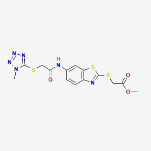 molecular formula C14H14N6O3S3 B4949754 Methyl 2-[[6-[[2-(1-methyltetrazol-5-yl)sulfanylacetyl]amino]-1,3-benzothiazol-2-yl]sulfanyl]acetate 