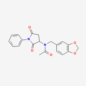 molecular formula C20H18N2O5 B4950129 N-[(2H-1,3-BENZODIOXOL-5-YL)METHYL]-N-(2,5-DIOXO-1-PHENYLPYRROLIDIN-3-YL)ACETAMIDE 
