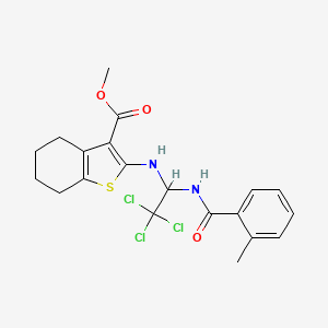 molecular formula C20H21Cl3N2O3S B4950204 METHYL 2-({2,2,2-TRICHLORO-1-[(2-METHYLPHENYL)FORMAMIDO]ETHYL}AMINO)-4,5,6,7-TETRAHYDRO-1-BENZOTHIOPHENE-3-CARBOXYLATE 